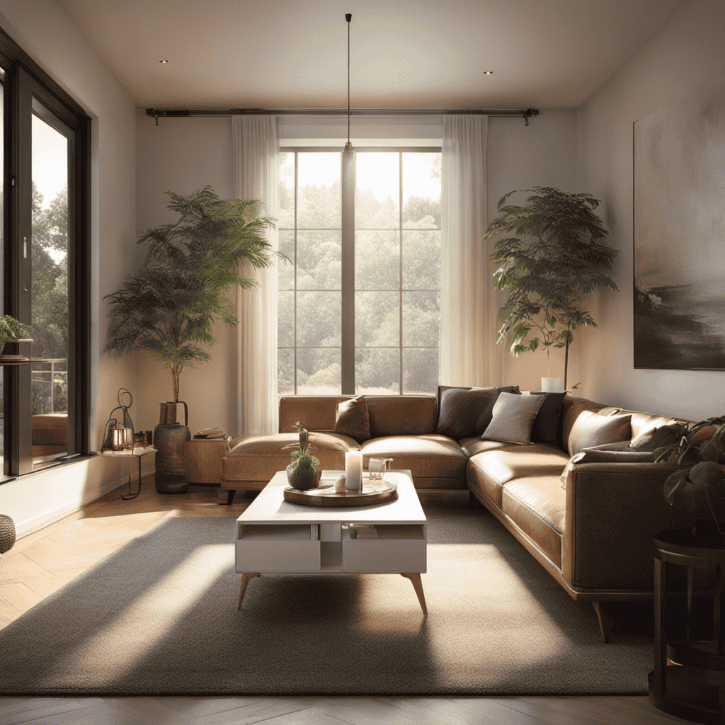 An image featuring a cozy living room with sunlight streaming through open windows