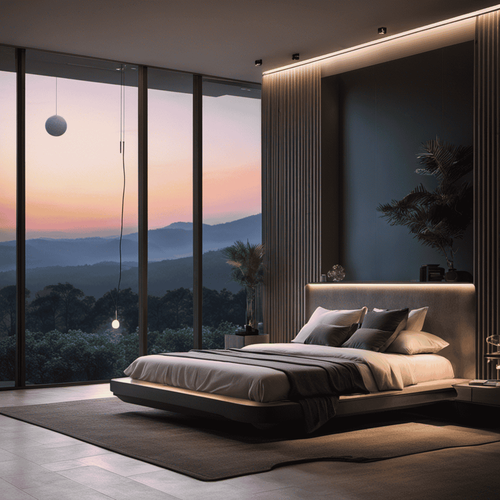 An image depicting a serene bedroom at dusk, with a softly glowing air purifier silently purifying the air