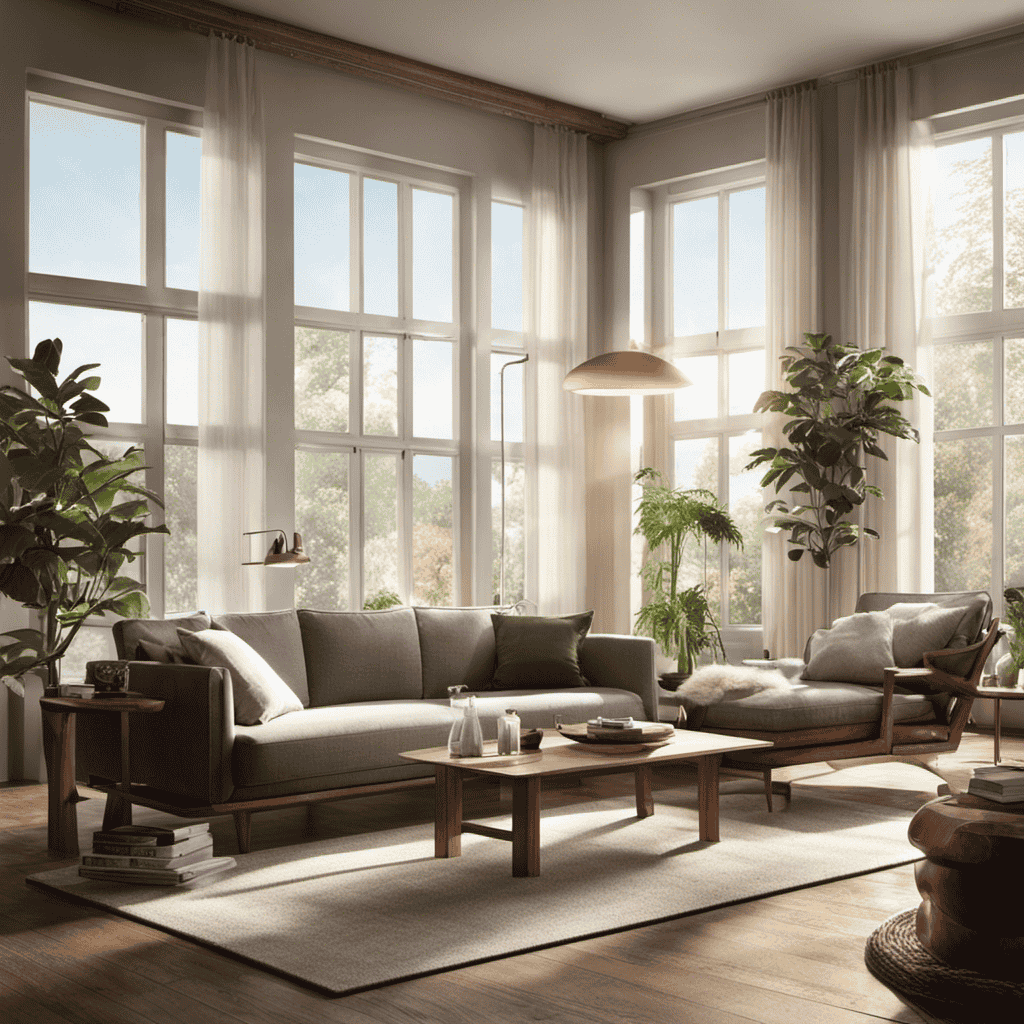 An image depicting a cozy living room with an air purifier subtly placed near a window