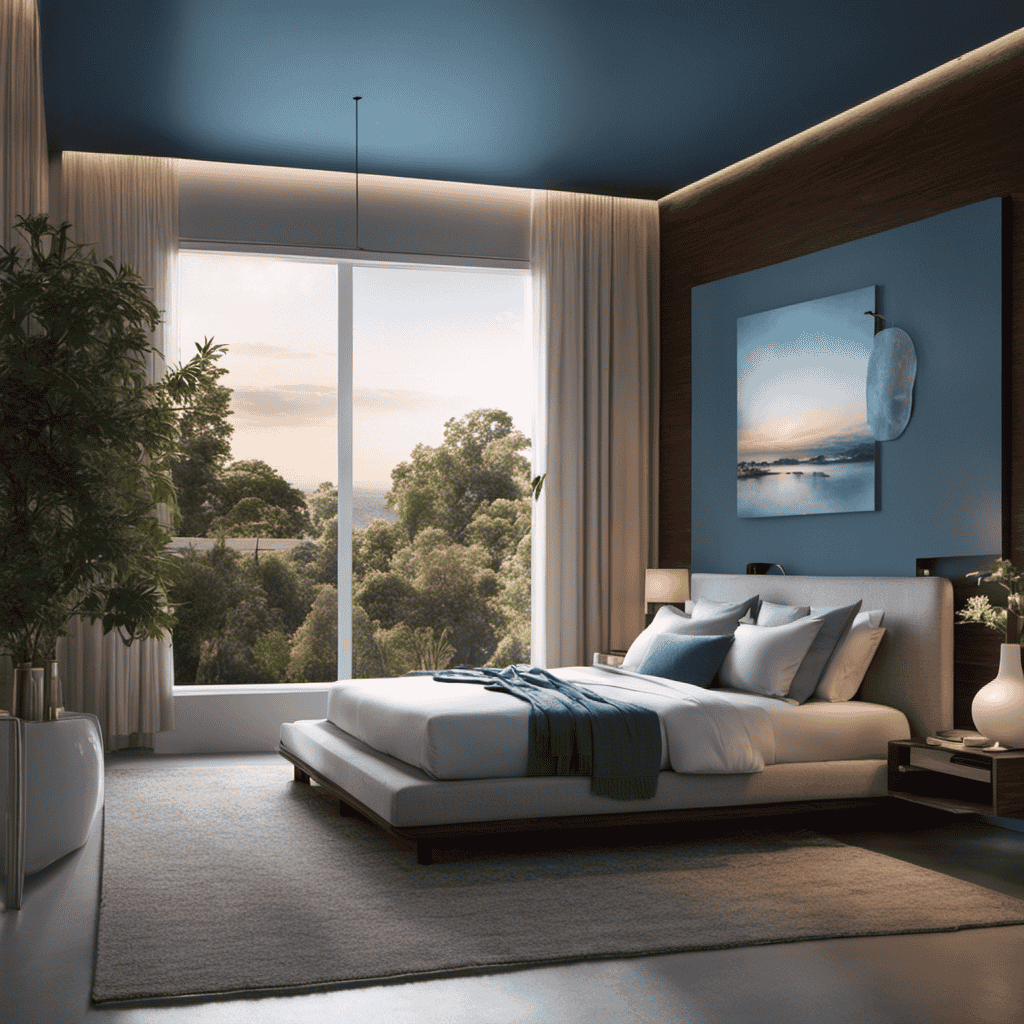 An image of a serene bedroom setting with an air purifier quietly humming in the corner, emitting a soft blue glow