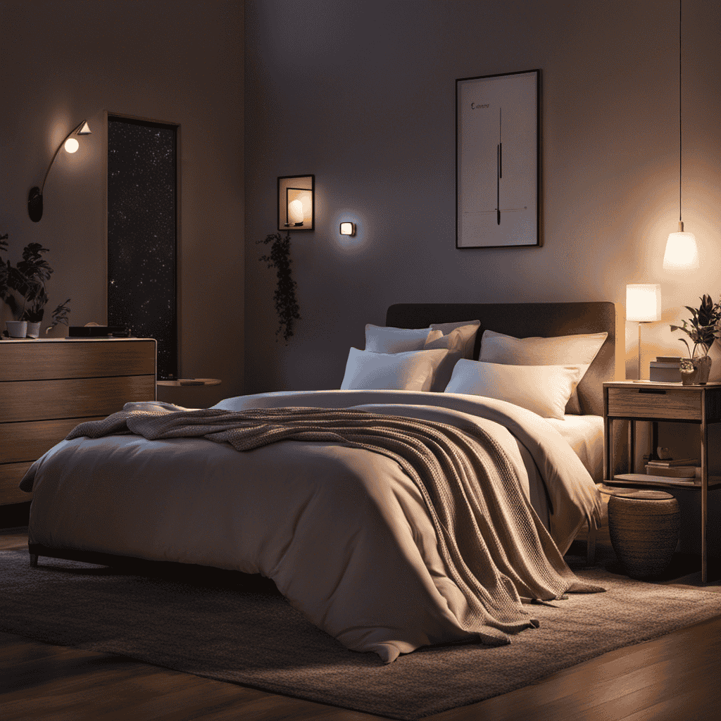 An image depicting a cozy bedroom at night, with a Levoit Air Purifier softly glowing in the corner, casting a gentle haze of purified air across the room