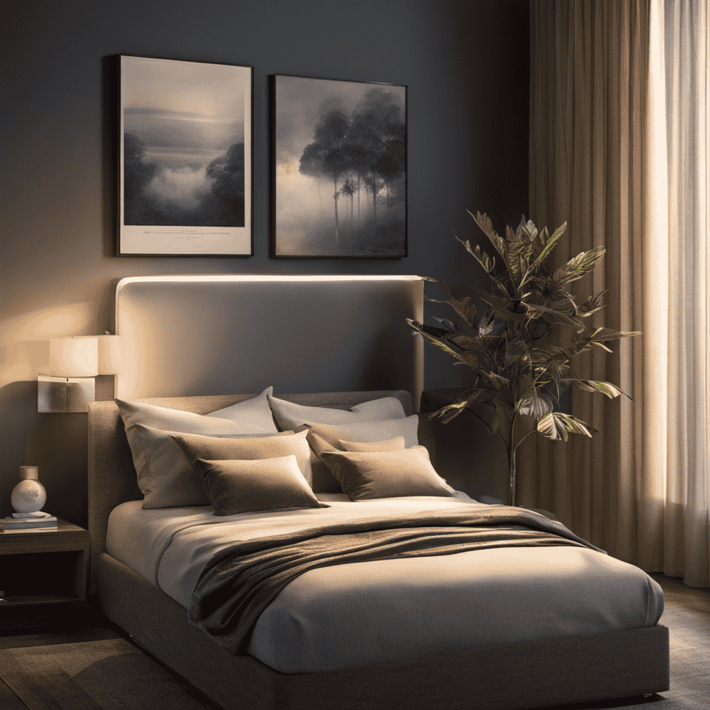 An image capturing a serene bedroom at dusk, with a softly glowing air purifier placed on a nightstand