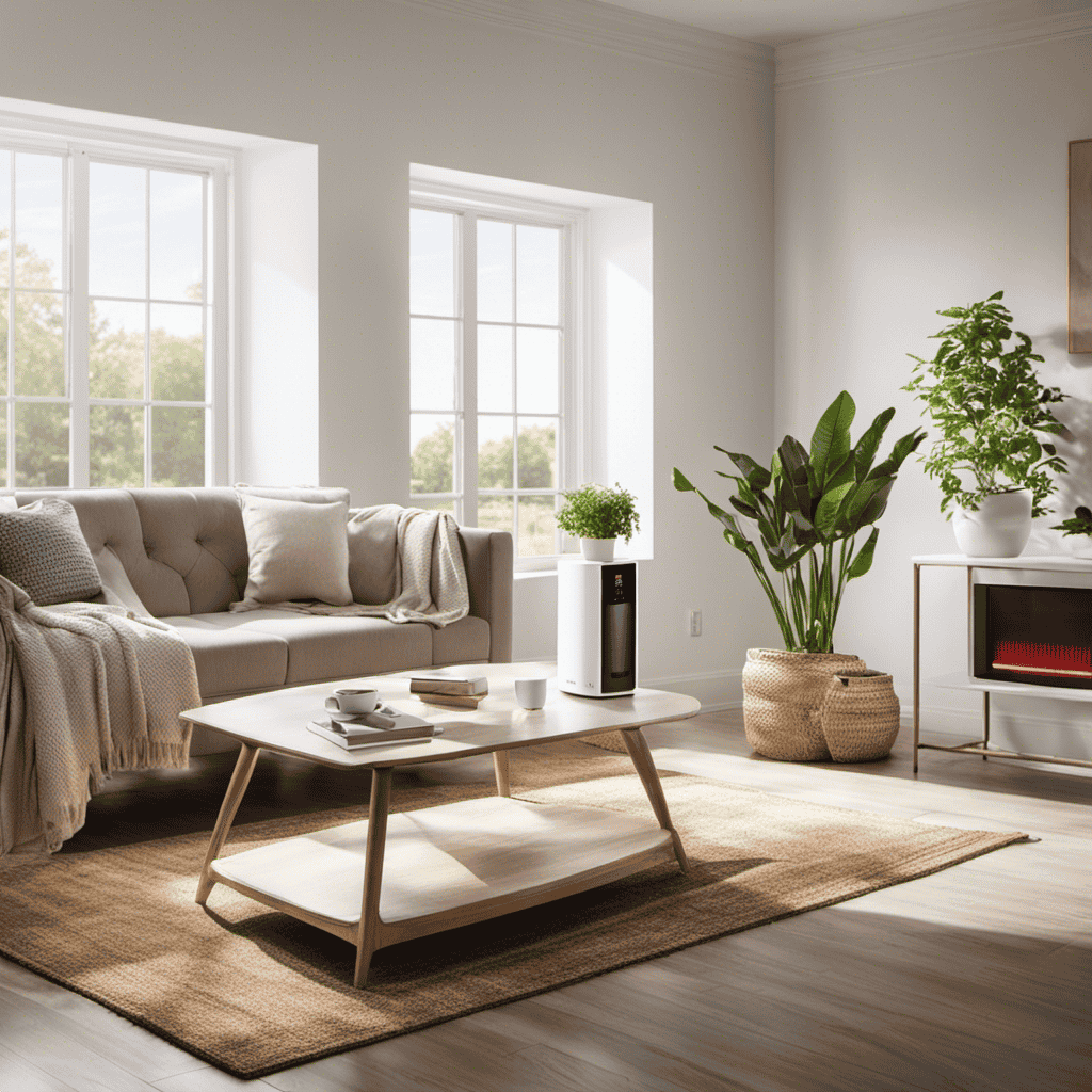 An image depicting a serene living room with rays of sunlight pouring in through open windows