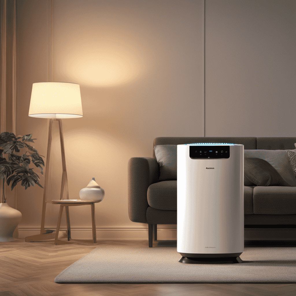 An image of a serene living room with an air purifier running, capturing the soft glow of the purifier's indicator lights, while dust particles are visibly trapped in the air, emphasizing the importance of knowing the optimal duration for running an air purifier