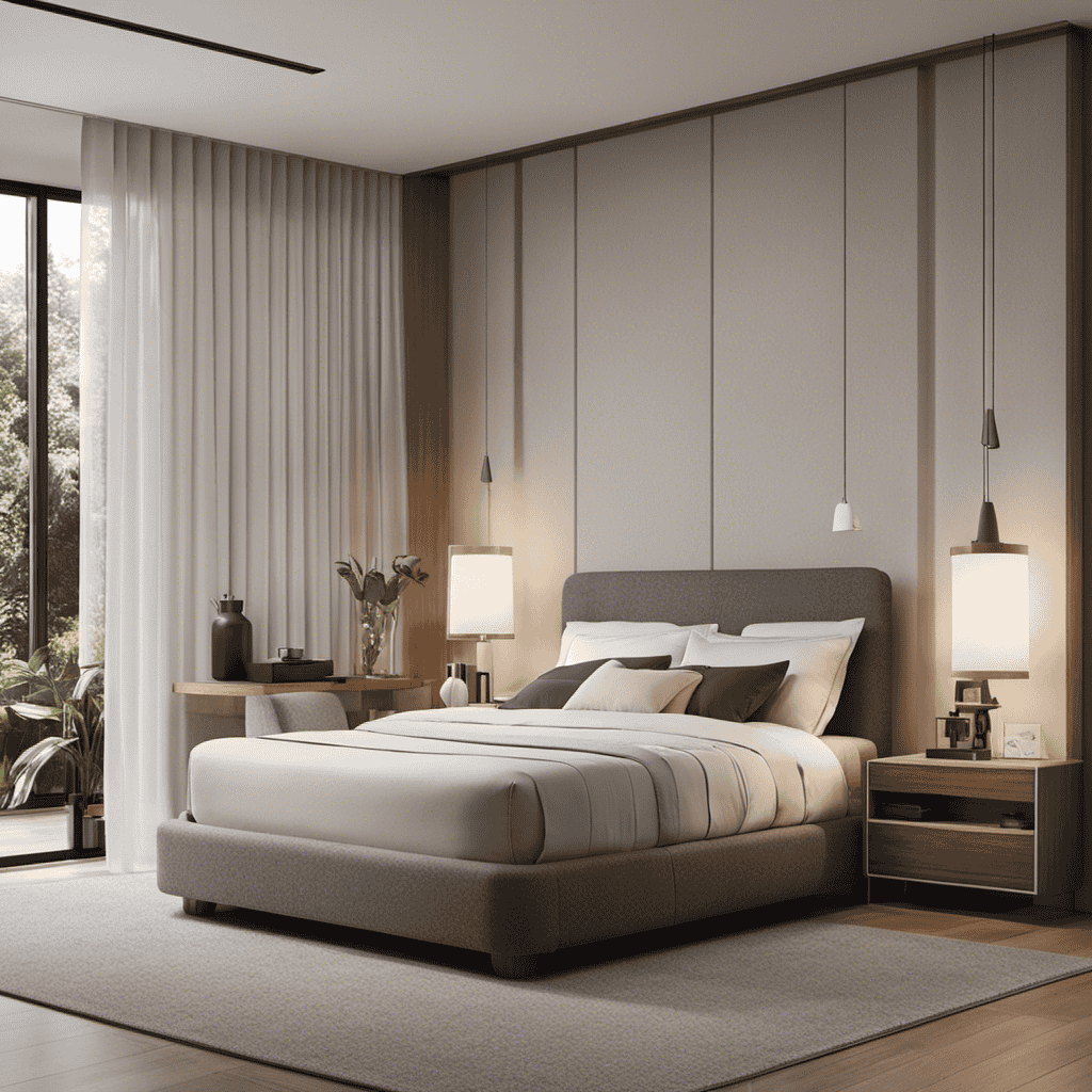 An image that portrays a serene bedroom setting with an operating air purifier in the corner, subtly indicating the ideal duration for its usage through a digital clock displaying a reasonable timeframe