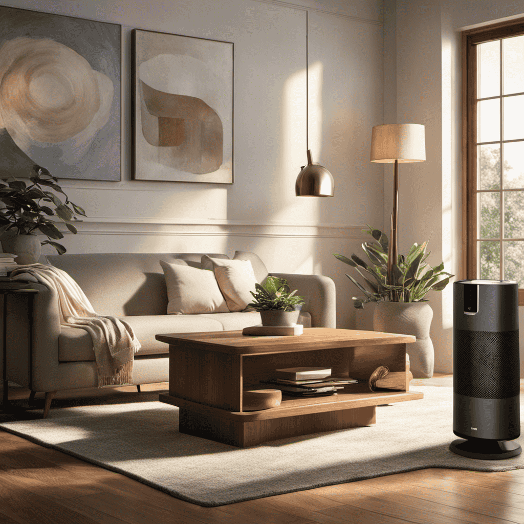 An image capturing a cozy living room with sunlight streaming in, depicting an air purifier silently running on a side table