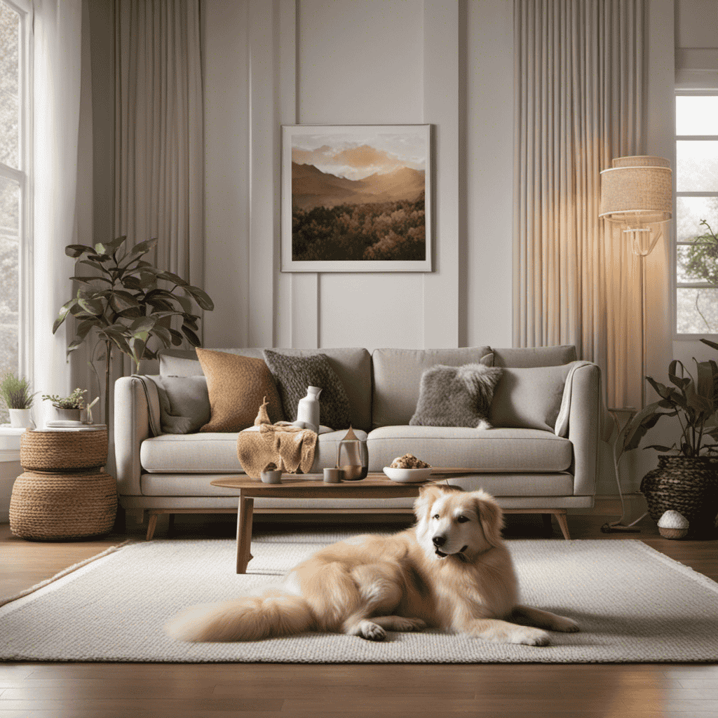 An image showing a cozy living room with a furry pet lounging on a couch, while the air purifier hums silently in the background, effectively removing pet dander and hair from the air