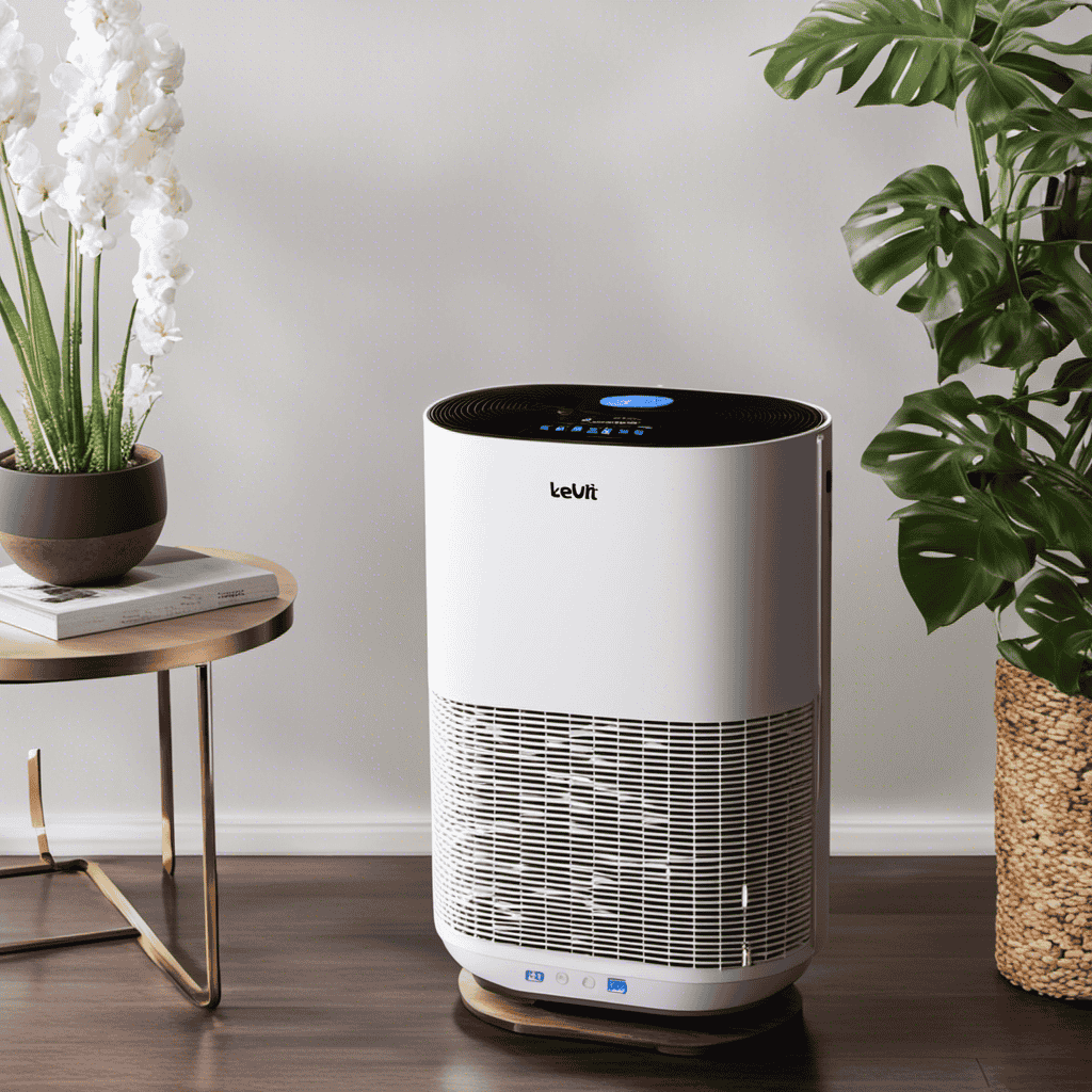 An image showcasing a Levoit Air Purifier in a well-lit room, surrounded by clean, fresh air