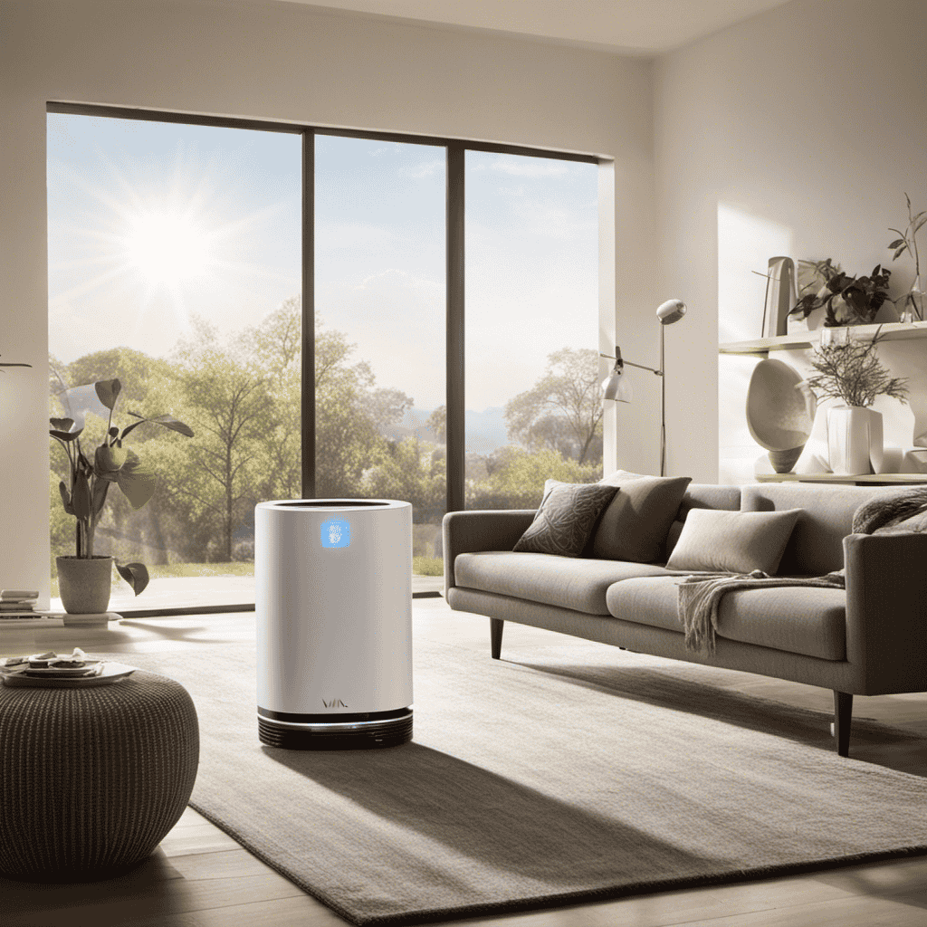 An image featuring a serene living room with a Winix air purifier quietly operating in the background