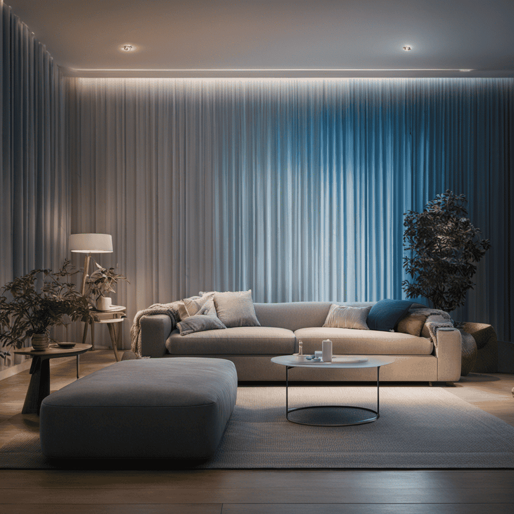 An image showcasing a cozy living room with an air purifier subtly emitting a soft blue glow, capturing the tranquil ambiance of a perfectly filtered space, encouraging readers to ponder the ideal duration to run their air purifiers