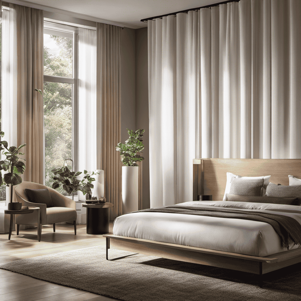 An image showcasing an air purifier running continuously in a serene bedroom environment, with soft rays of sunlight seeping through curtains, illuminating the room, and perfectly filtered air circulating effortlessly