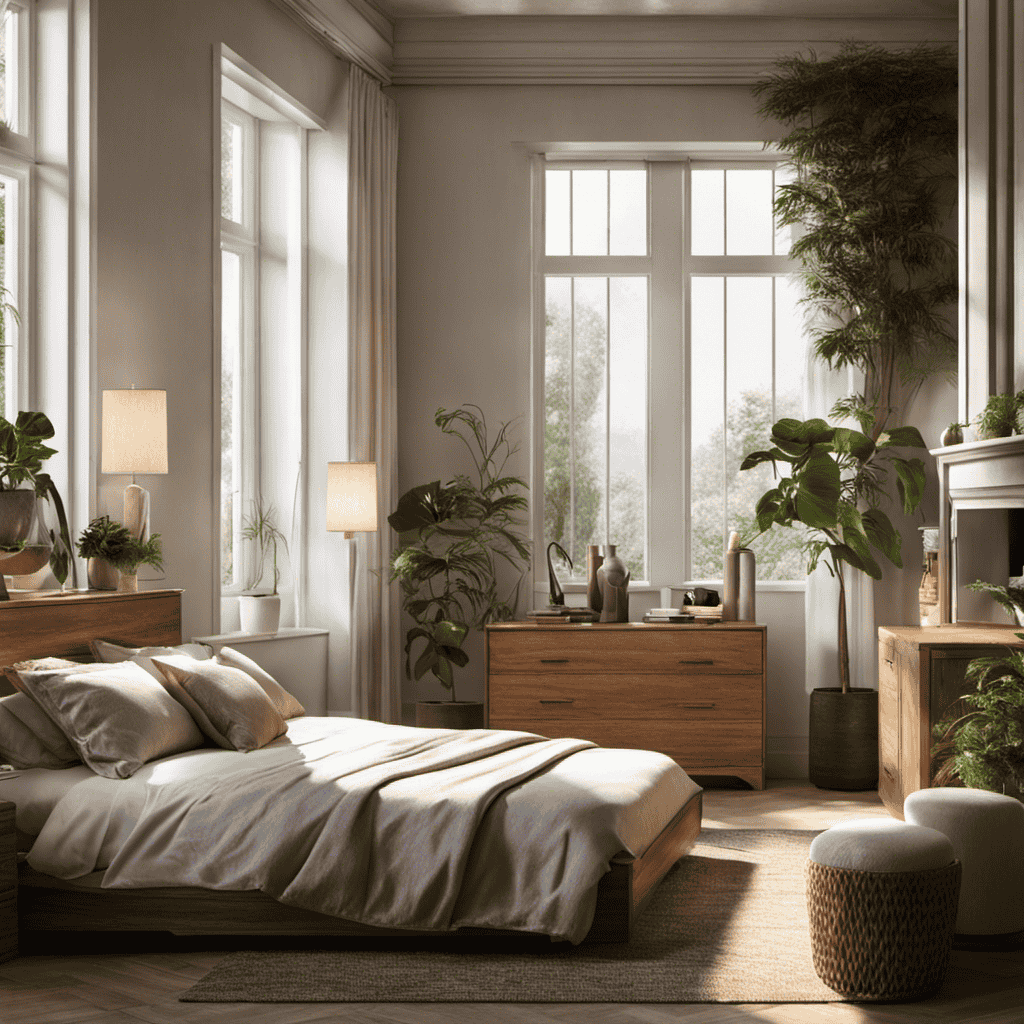 An image depicting a serene bedroom scene, with sunlight gently streaming through open windows