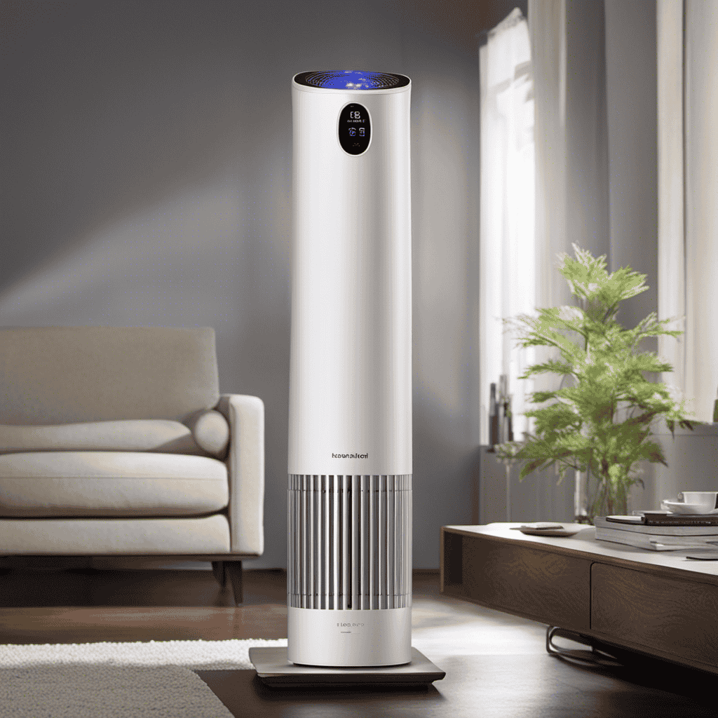 An image of an air purifier in a dimly lit room, with a visible timer on the purifier displaying the duration of ionizing activity
