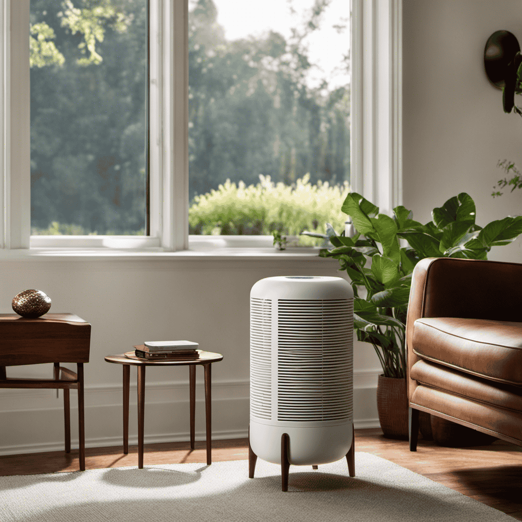 An image featuring a spacious room with the Eden Air Purifier elegantly placed on a side table