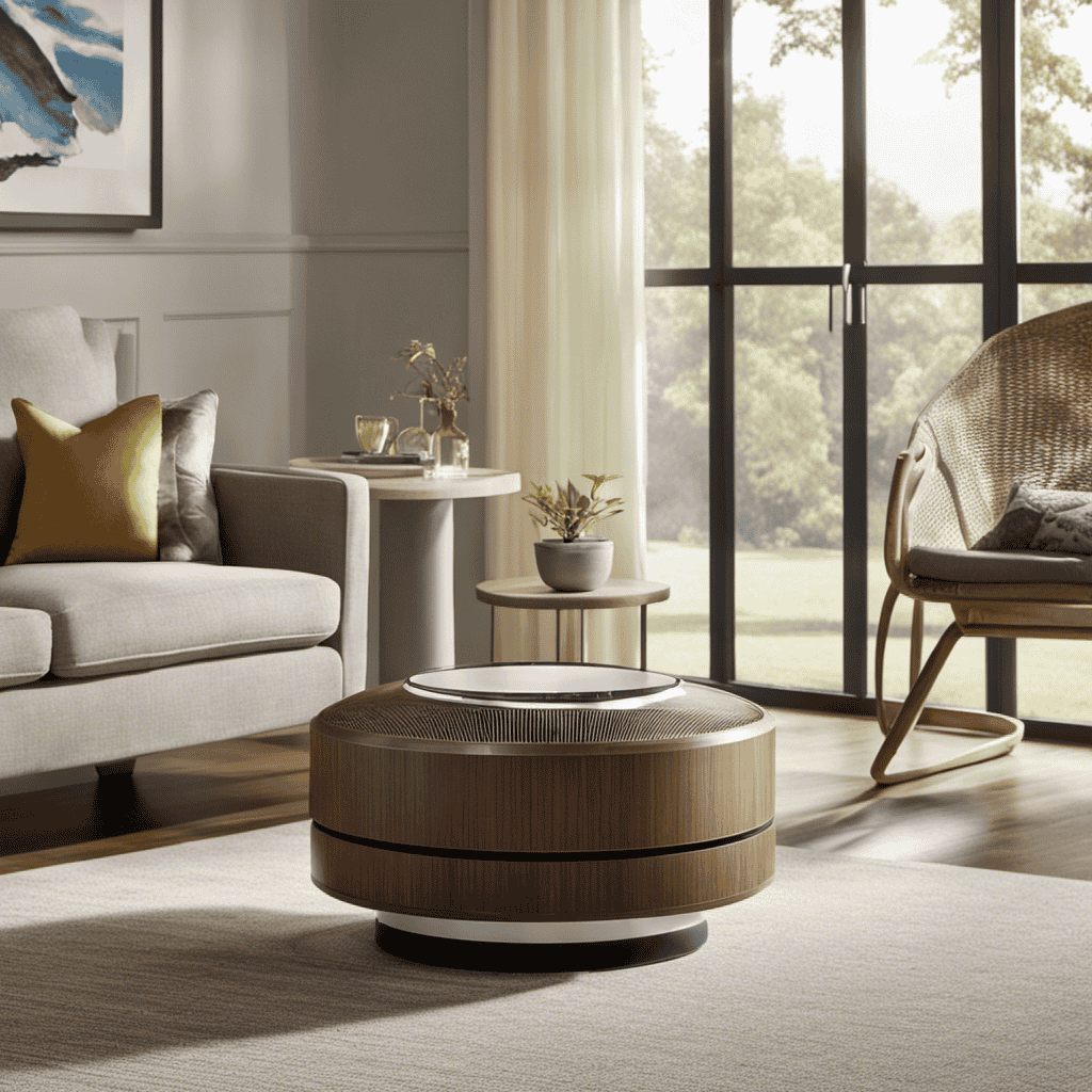 An image that showcases a serene living room with an air purifier subtly placed near a window, gently filtering the air