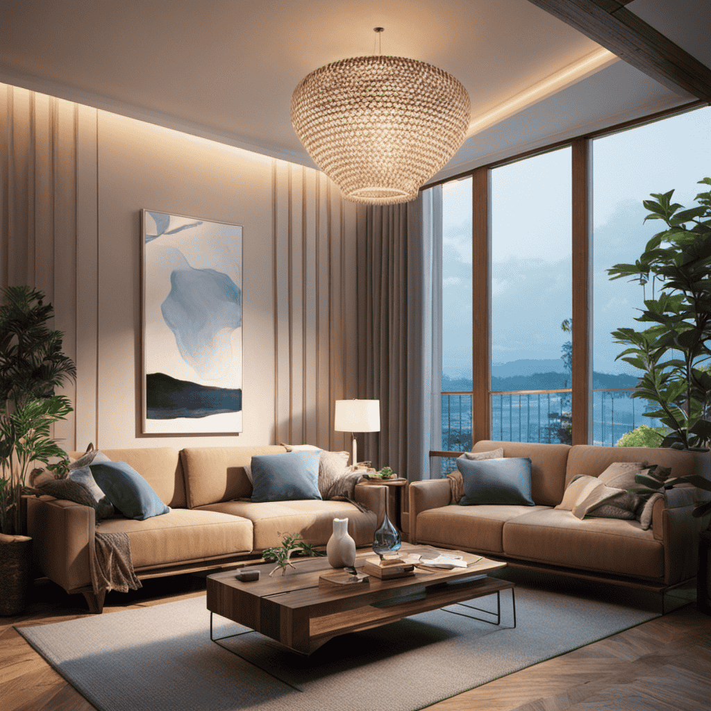 An image featuring a cozy living room with an air purifier softly glowing in the corner, emanating a faint blue light
