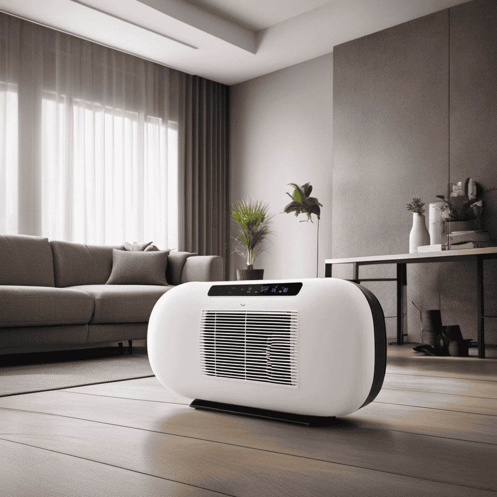 An image showing an air purifier placed in a well-ventilated room, surrounded by a clock indicating several hours passing