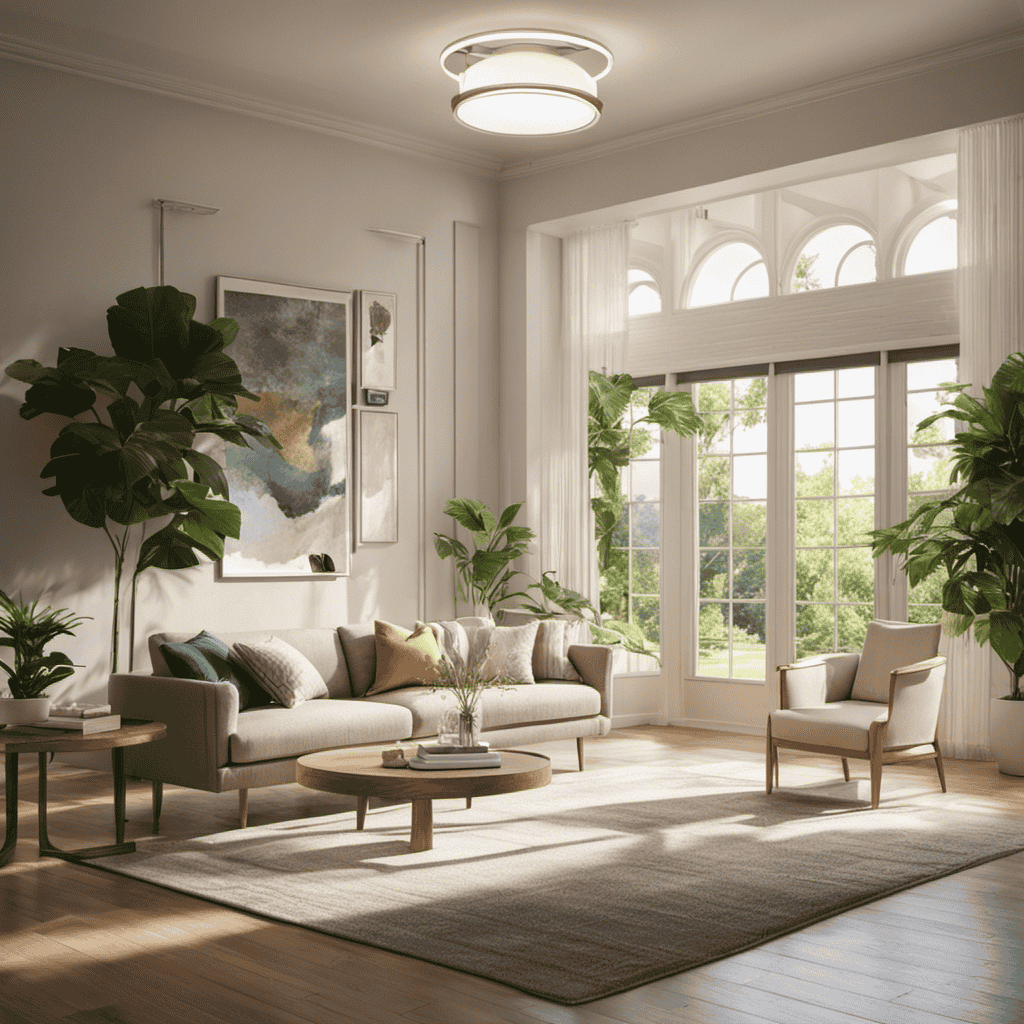 An image showcasing a serene living room with an air purifier softly humming in the background