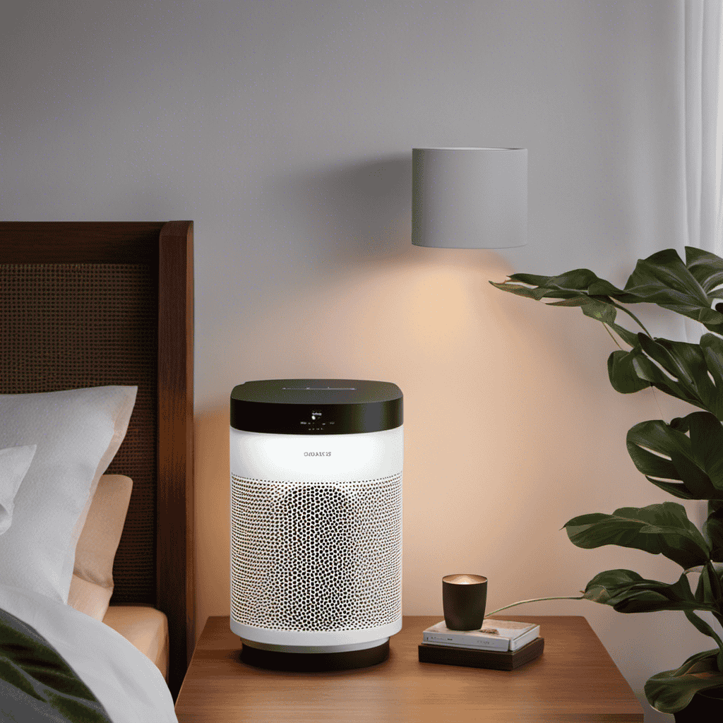 An image that showcases an air purifier placed on a clean, clutter-free bedside table in a well-ventilated bedroom