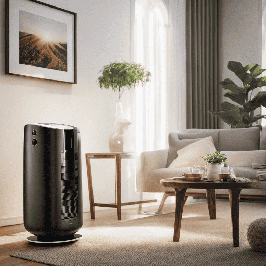 An image of a cozy living room with an air purifier placed on a side table