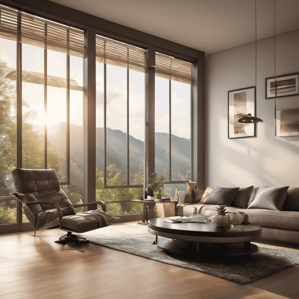 An image showcasing a serene living room with an air purifier placed strategically near a large window