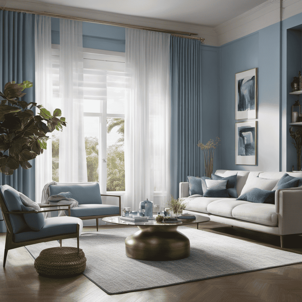 An image capturing the serene ambiance of a living room with an air purifier gently humming in the backdrop, emitting a soft blue glow, while clean air circulates and pristine white curtains sway gracefully in the breeze