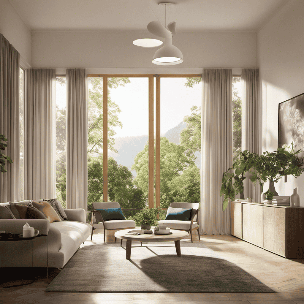 An image showcasing an airy living room with an air purifier positioned beside an open window