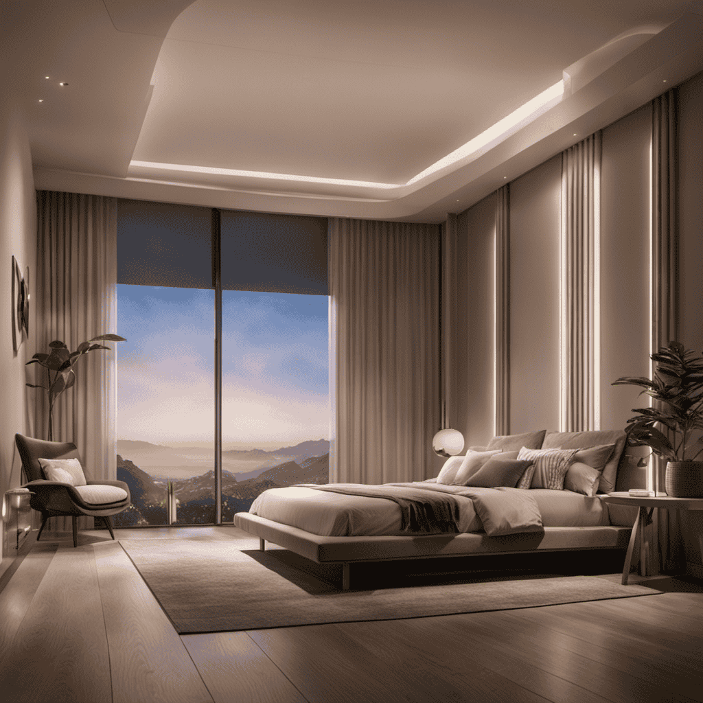 An image showcasing a serene bedroom scene with a modern air purifier quietly operating in the background