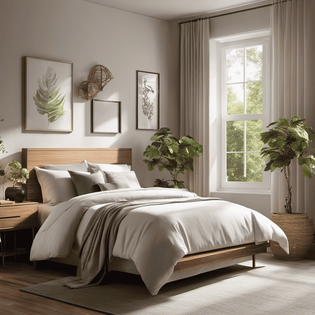 An image depicting a serene bedroom with an air purifier softly glowing in the corner