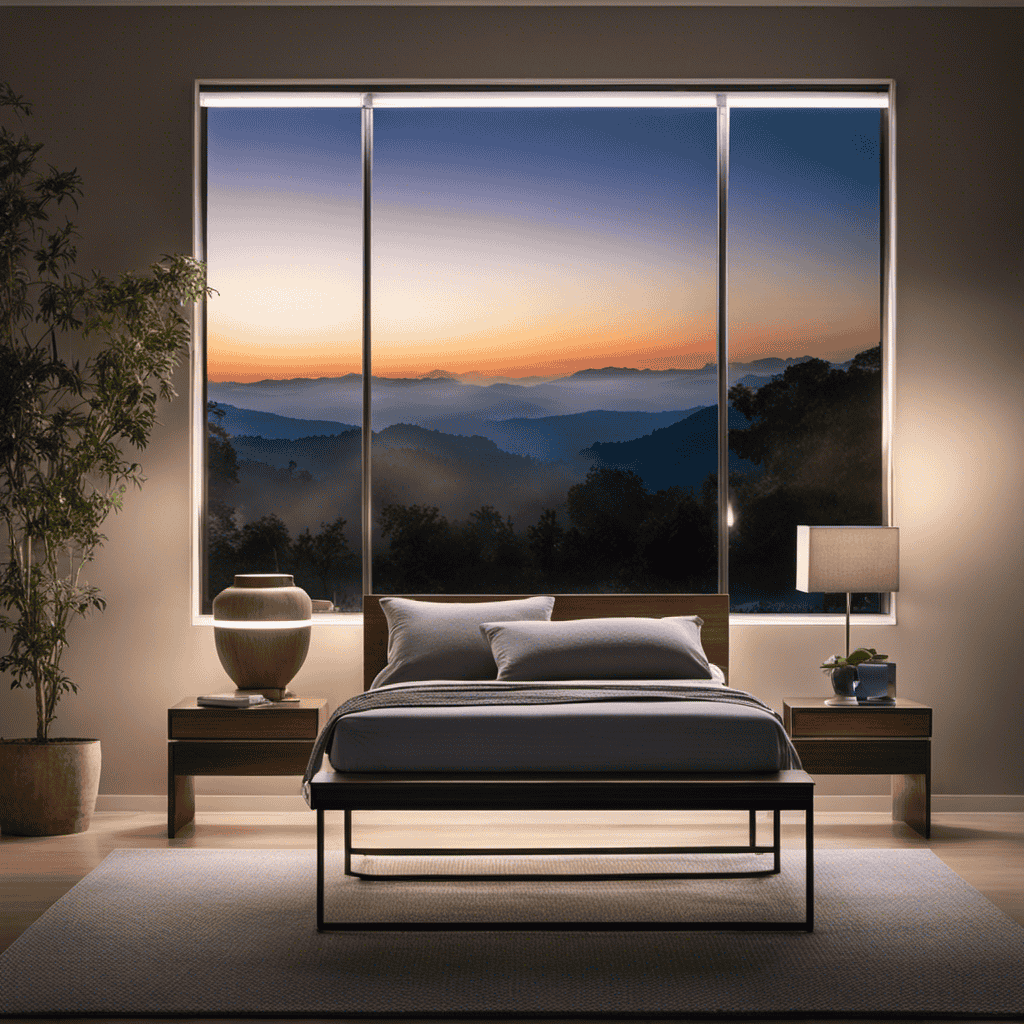 An image showcasing a serene bedroom at nightfall, where an air purifier hums softly on a nightstand