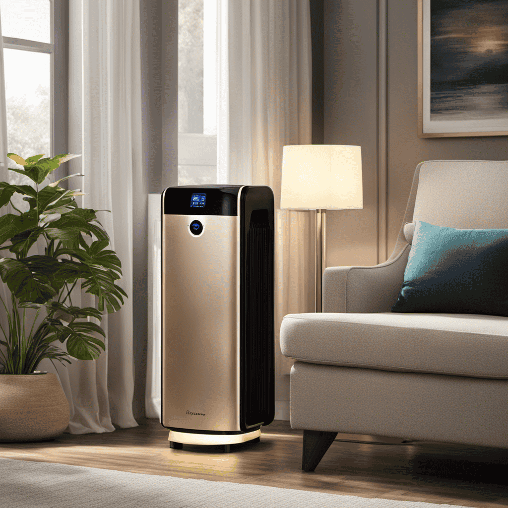 An image showcasing an elegant living room with an air purifier positioned on a side table