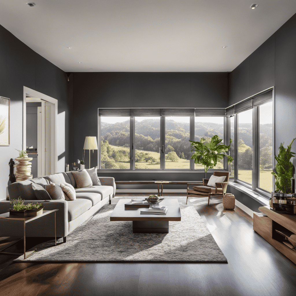 An image showcasing a serene living room with sunlight streaming through spotless windows, while a sleek, high-tech air purifier seamlessly blends into the decor
