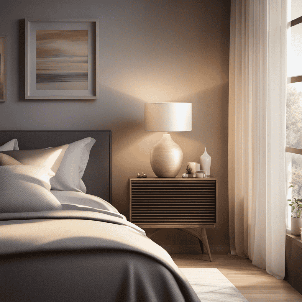 An image showcasing a serene bedroom scene with an air purifier subtly placed on a nightstand