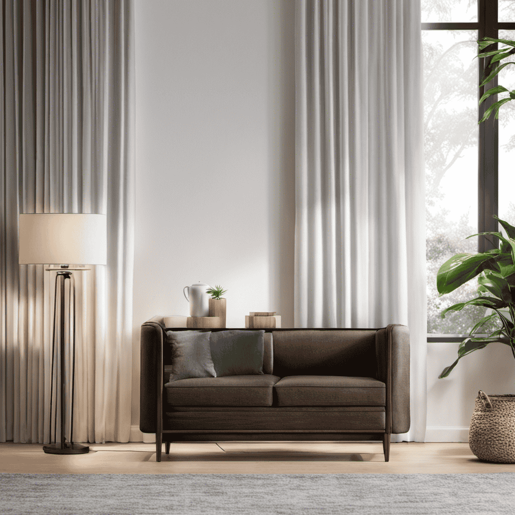 An image featuring a cozy living room with sunlight filtering through sheer curtains, showcasing a Levoit air purifier gently humming in the corner