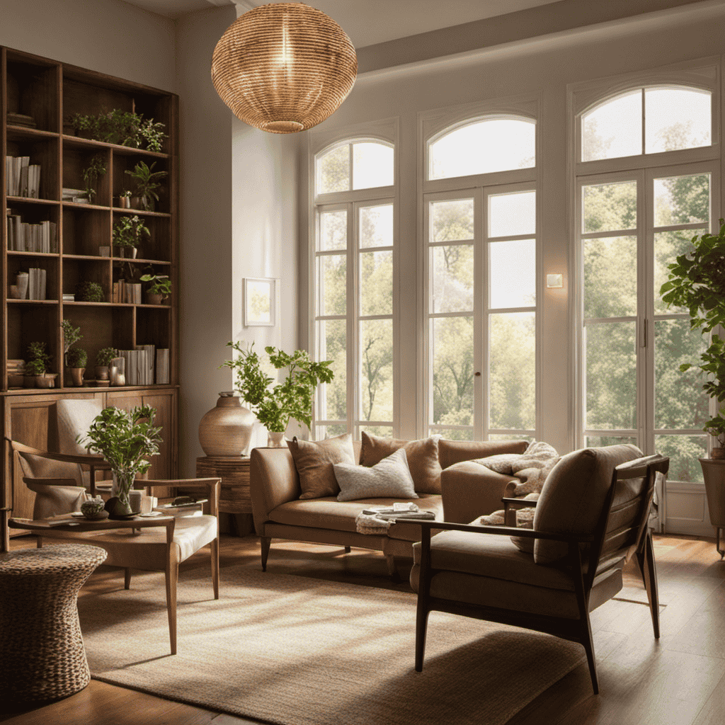 Create an image capturing the serene ambiance of a cozy living room, warmly illuminated by soft natural light, with an air purifier gently humming in the background, subtly purifying the air for a healthier and fresher environment