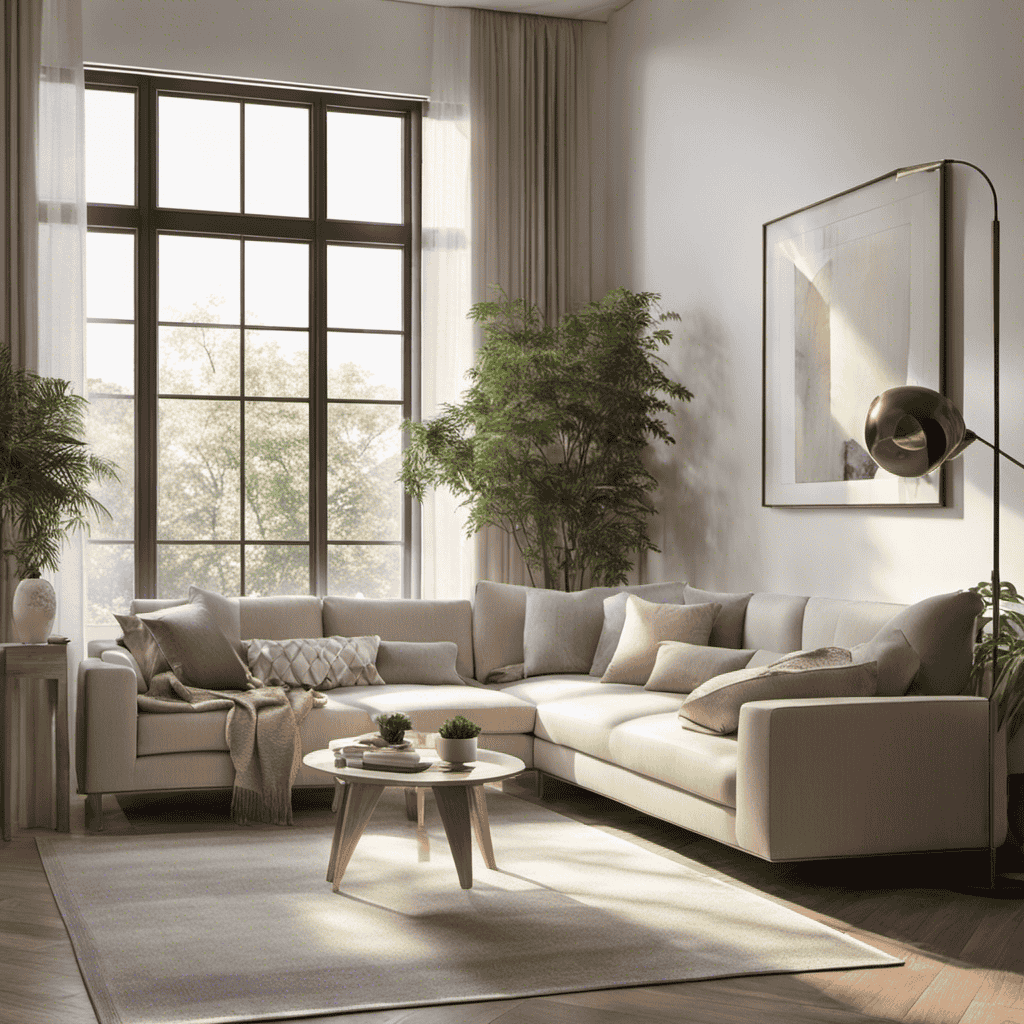 An image featuring a serene living room with an air purifier strategically placed near a window, gently expelling purified air
