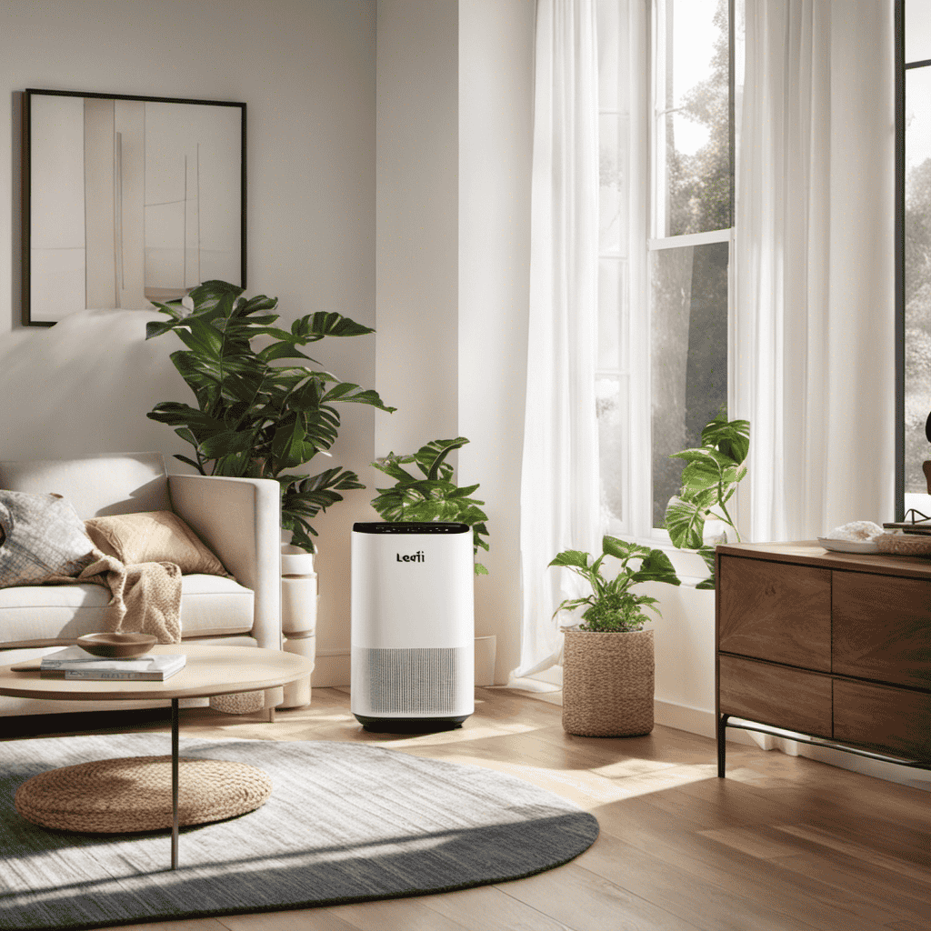 An image showcasing a serene living room with soft sunlight filtering through clean windows, highlighting a Levoit Air Purifier quietly operating in the corner, purifying the air and creating a fresh, tranquil atmosphere
