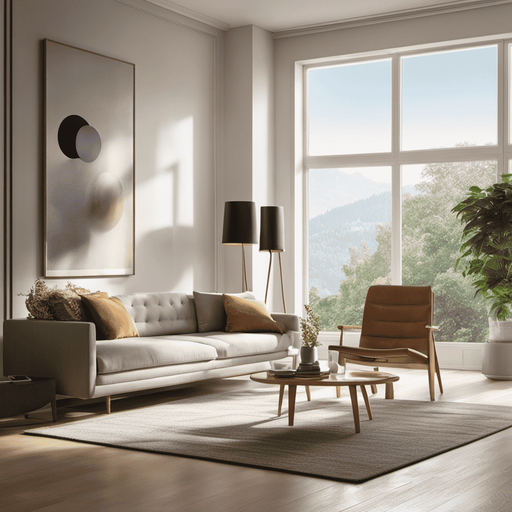 An image featuring a serene living room with an air purifier placed near an open window