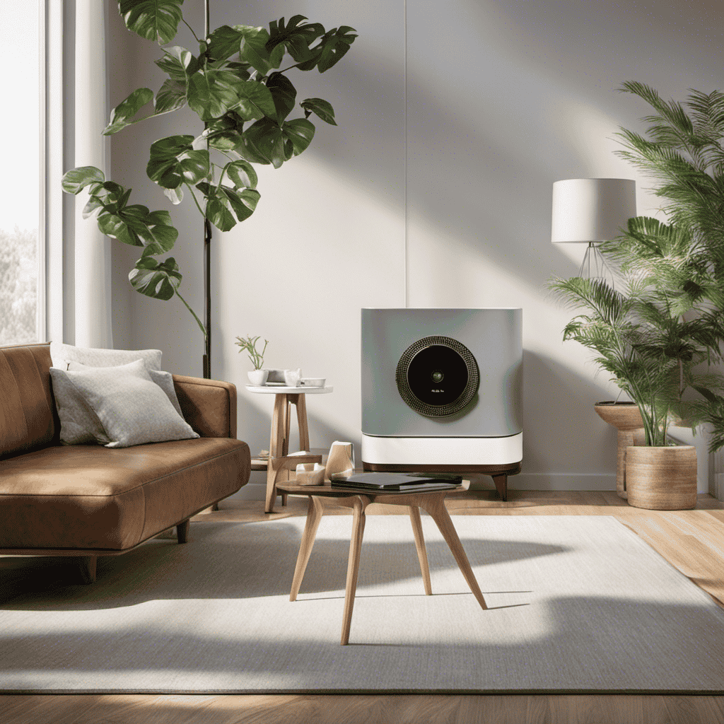 An image featuring a serene living room with an air purifier placed on a side table