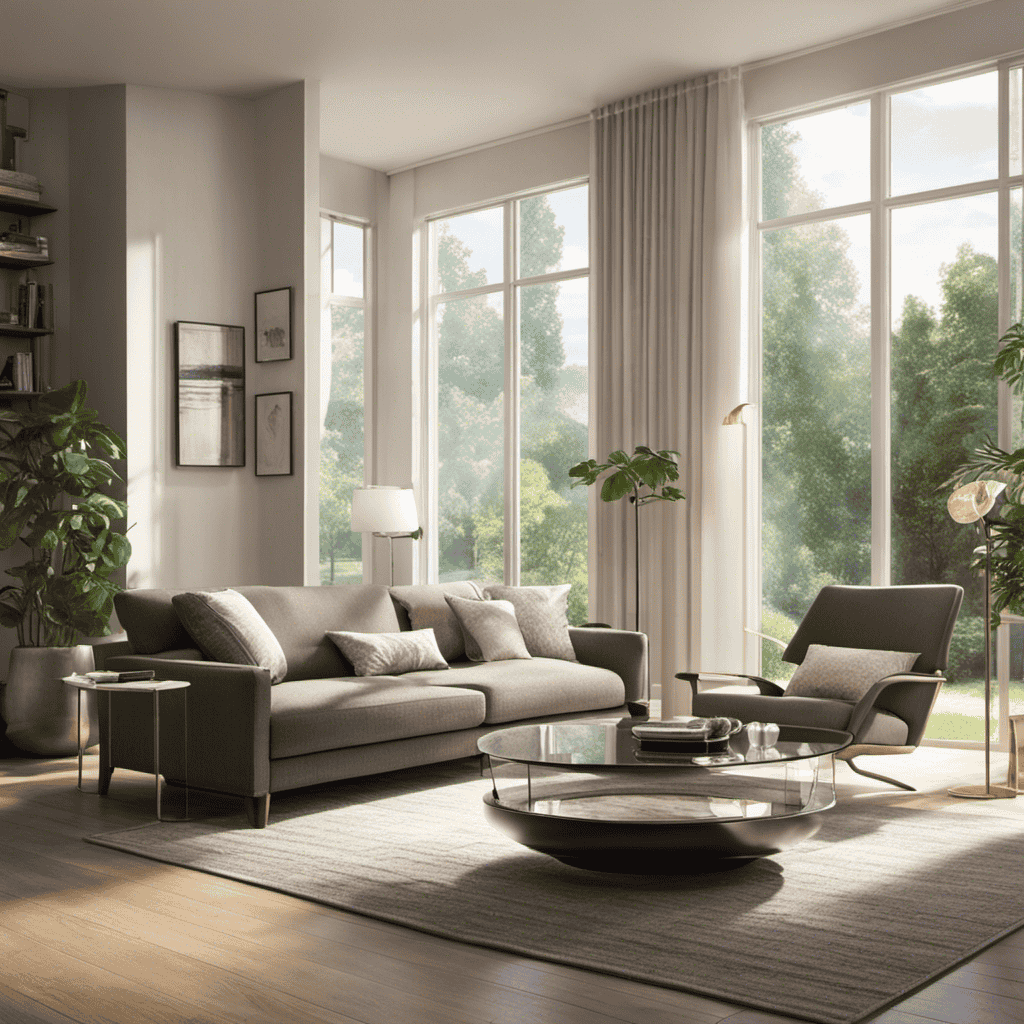 An image depicting a serene living room with rays of sunlight streaming through pristine windows