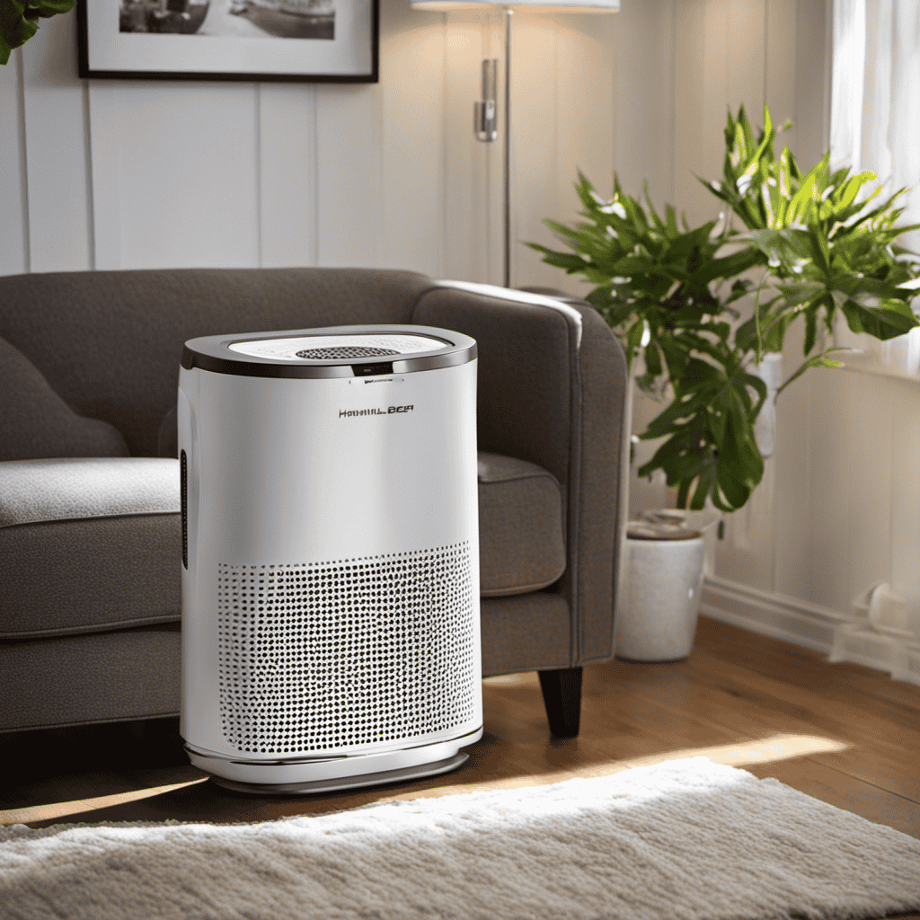 An image of a cozy living room with Hamilton Beach TrueAir Air Purifier centrally placed on a side table