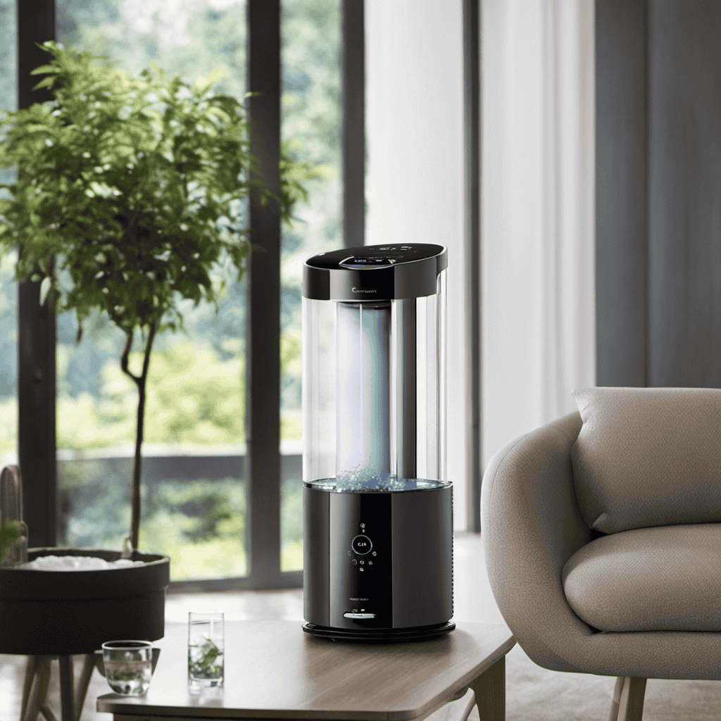 An image featuring a Rainmate Air Purifier, filled with crystal-clear water, gently releasing a refreshing mist into the air