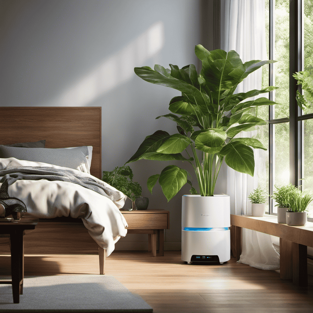 An image showcasing a serene bedroom with a humidifier and air purifier placed near a lush plant