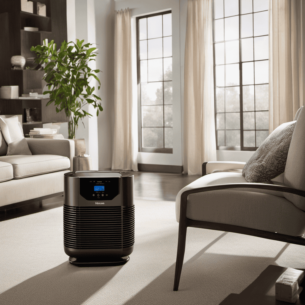 An image showcasing a Holmes HPA9423 Air Purifier running continuously in a serene living room, capturing the soft glow of its power indicator, the gentle hum of its fan, and the clean, purified air circulating effortlessly