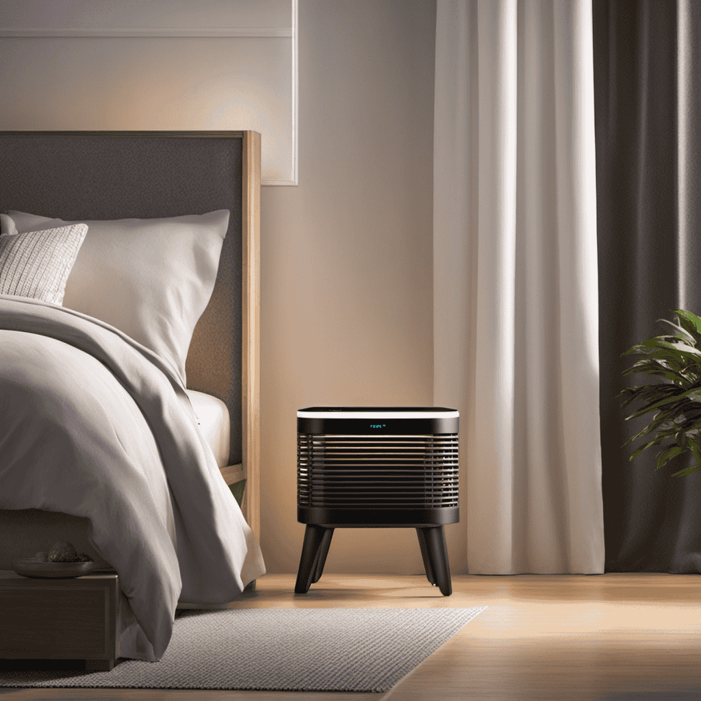 An image showcasing a serene bedroom scene with a portable room air purifier placed on a nightstand