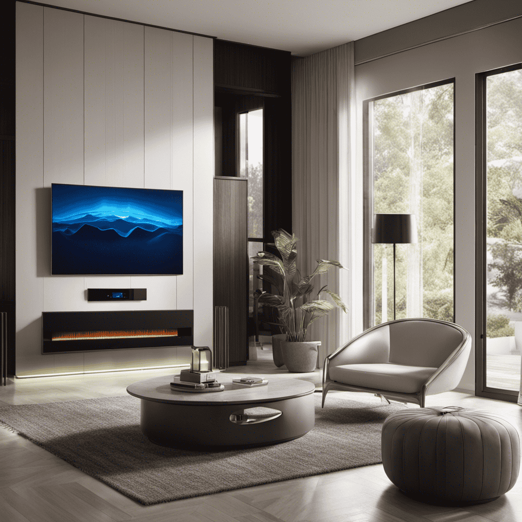 An image showcasing a serene living room with a sleek air purifier emitting a gentle blue light
