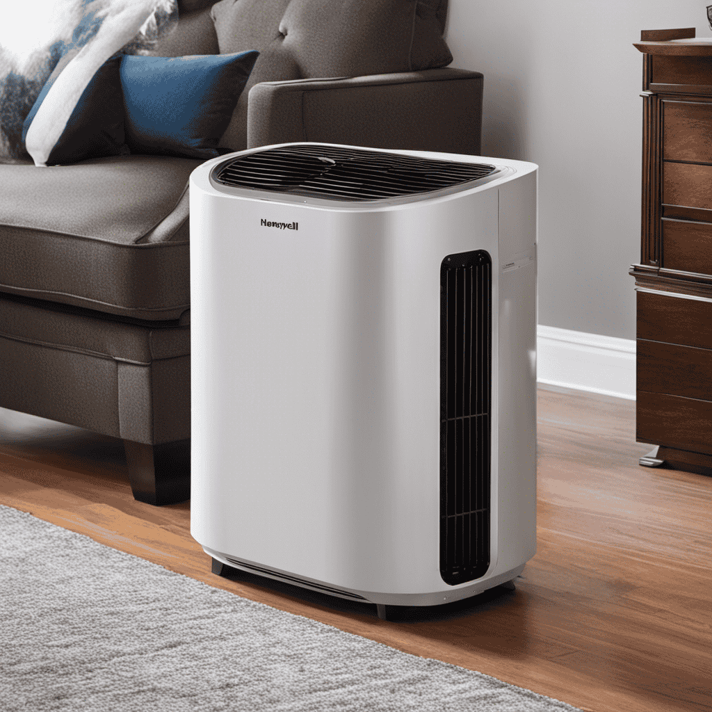 An image showcasing the Honeywell True HEPA Air Purifier 50250 in a room, with clear visibility of its advanced filtration system, capturing the movement of clean air circulating throughout the space