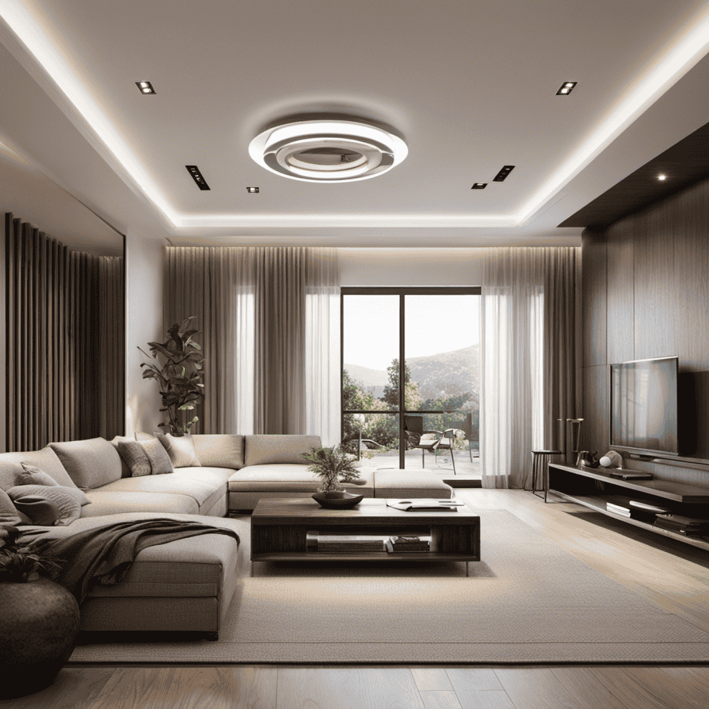 An image showcasing a spacious living room with an air purifier in the center