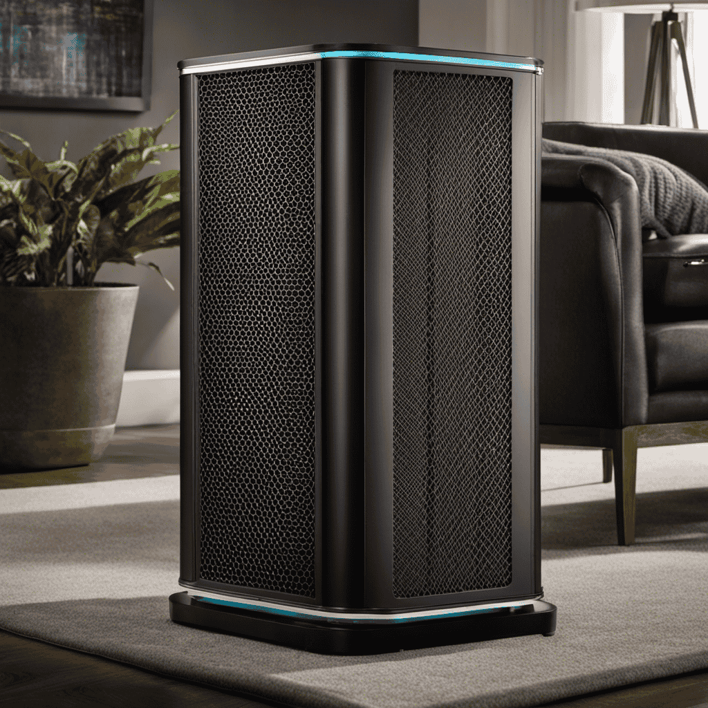 An image showcasing the intricate internal components of a 4825 Air Purifier, featuring its multiple high-efficiency filters, including a pre-filter, true HEPA filter, and activated carbon filter, providing a visual representation of its powerful purifying capabilities