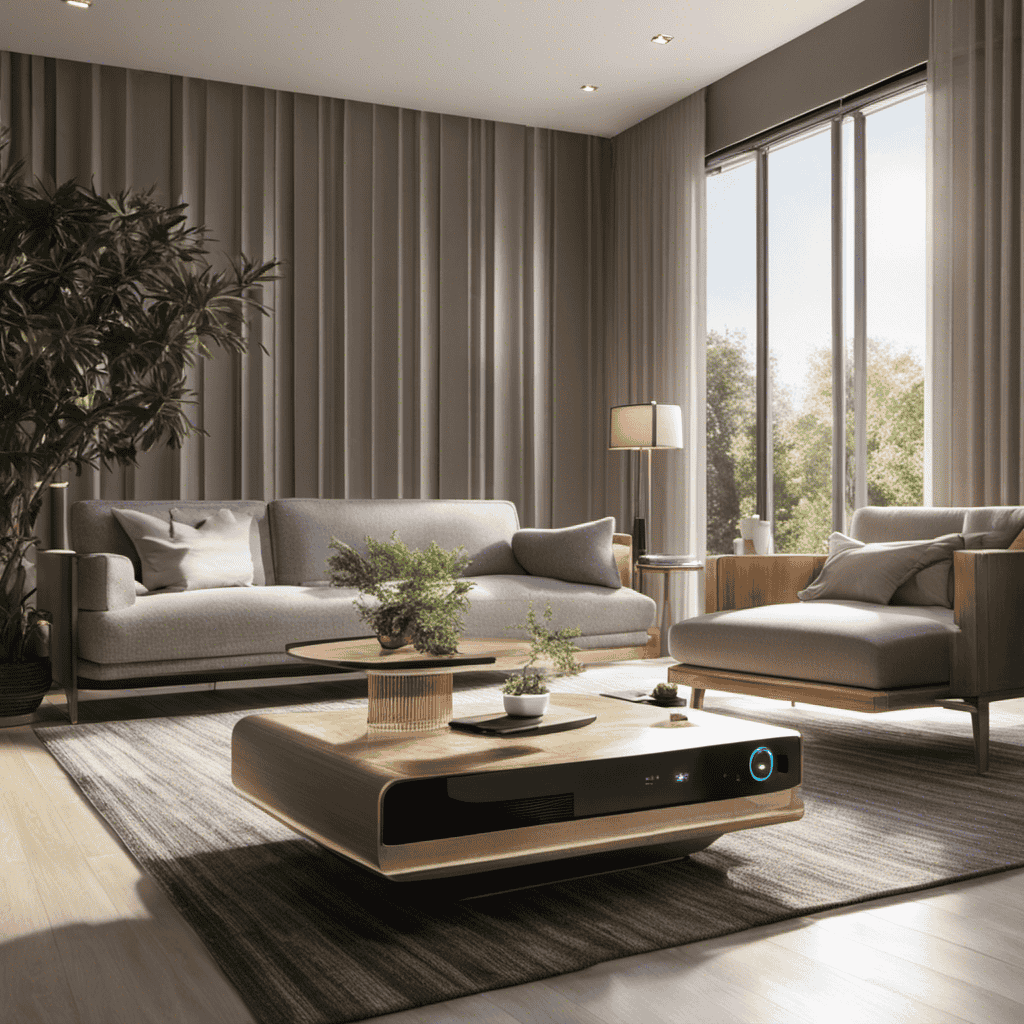 An image of a serene living room with an air purifier on, gently purifying the air